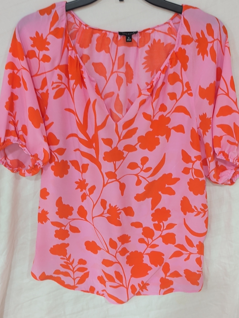 Talbots Elbow Sleeve Top Pink Floral V-Neck Blouse with Orange Print Size M